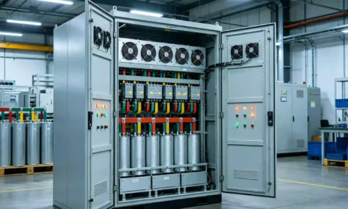 Banco de condensadores de correção do fator de potência industrial para trabalhos pesados instalado numa sala de distribuição centralizada.