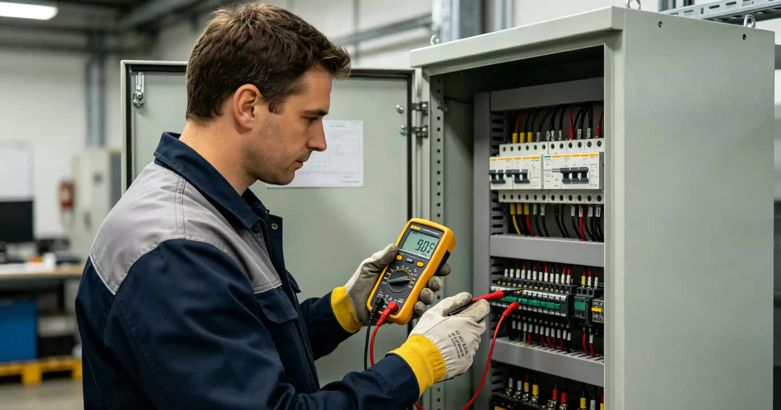Electrical technician troubleshooting an automatic power factor panel with tools