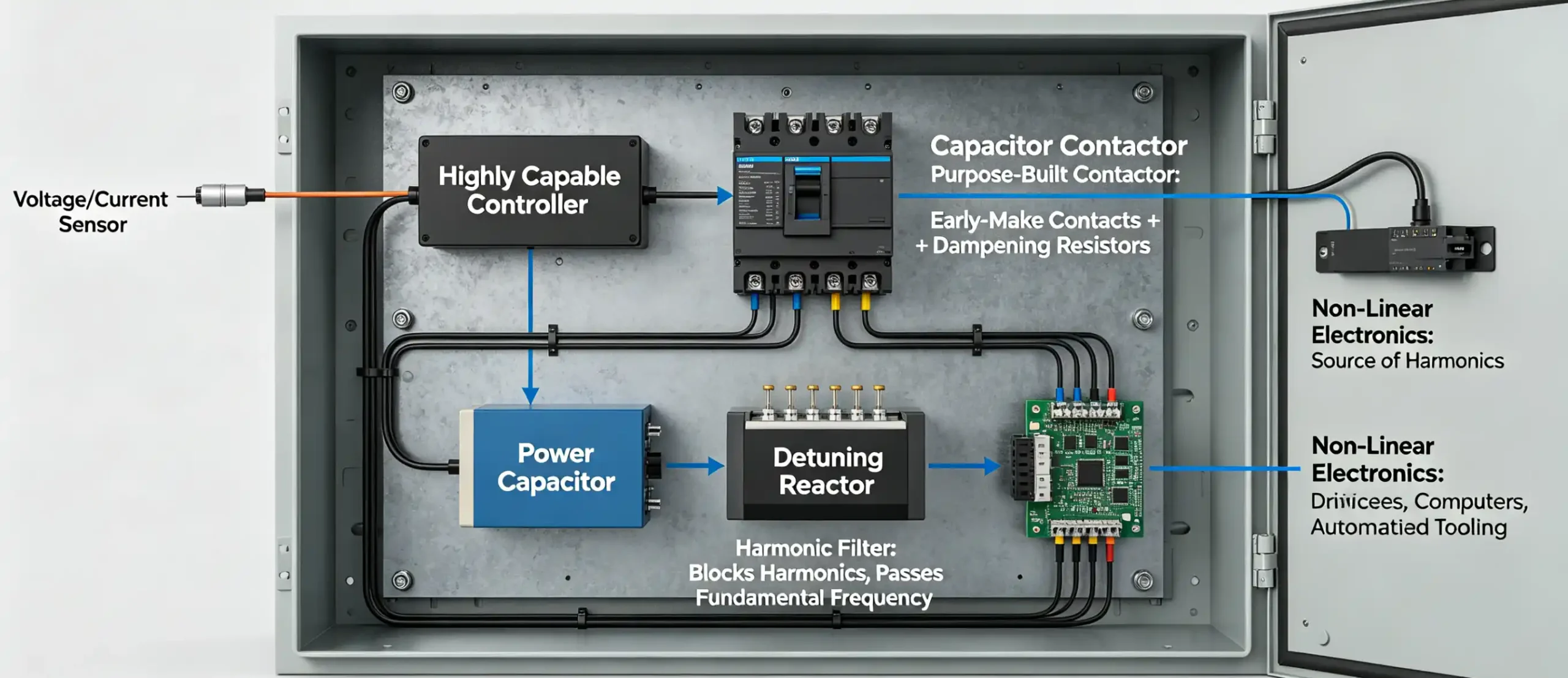 Power factor controller with True‑RMS sampling, smart switching and industrial connectivity